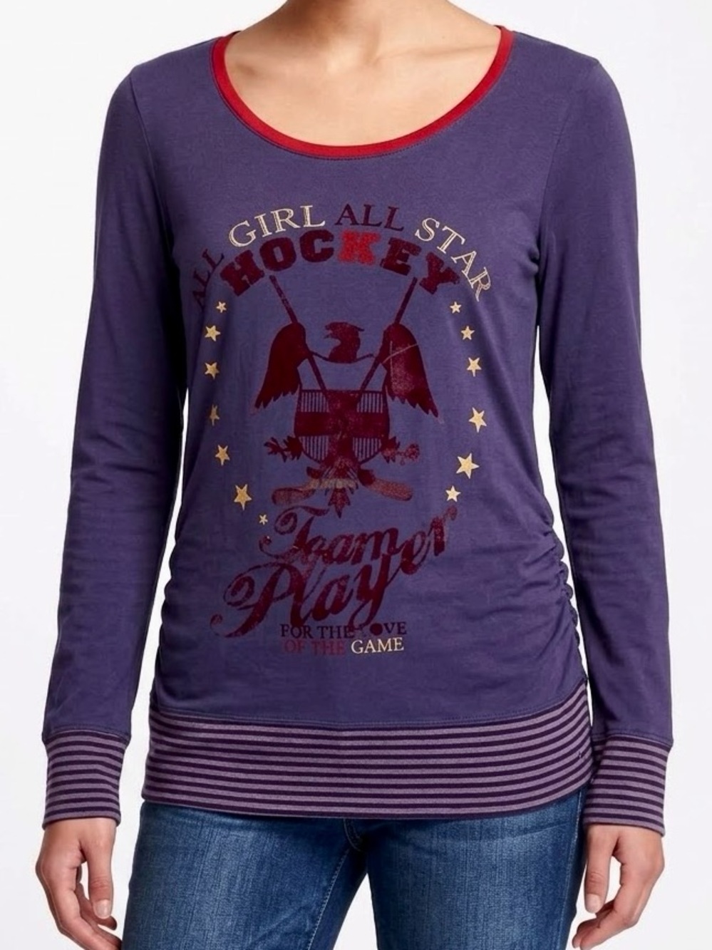 CAbi Blue & Red Long-Sleeve Hockey Graphic Tee Top w Striped Hem & Cuffs — #LHP